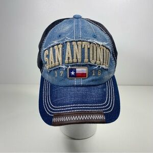 Pit Bull San Antonio Texas Distressed Frayed Edge Denim Adjustable Ball Cap Hat